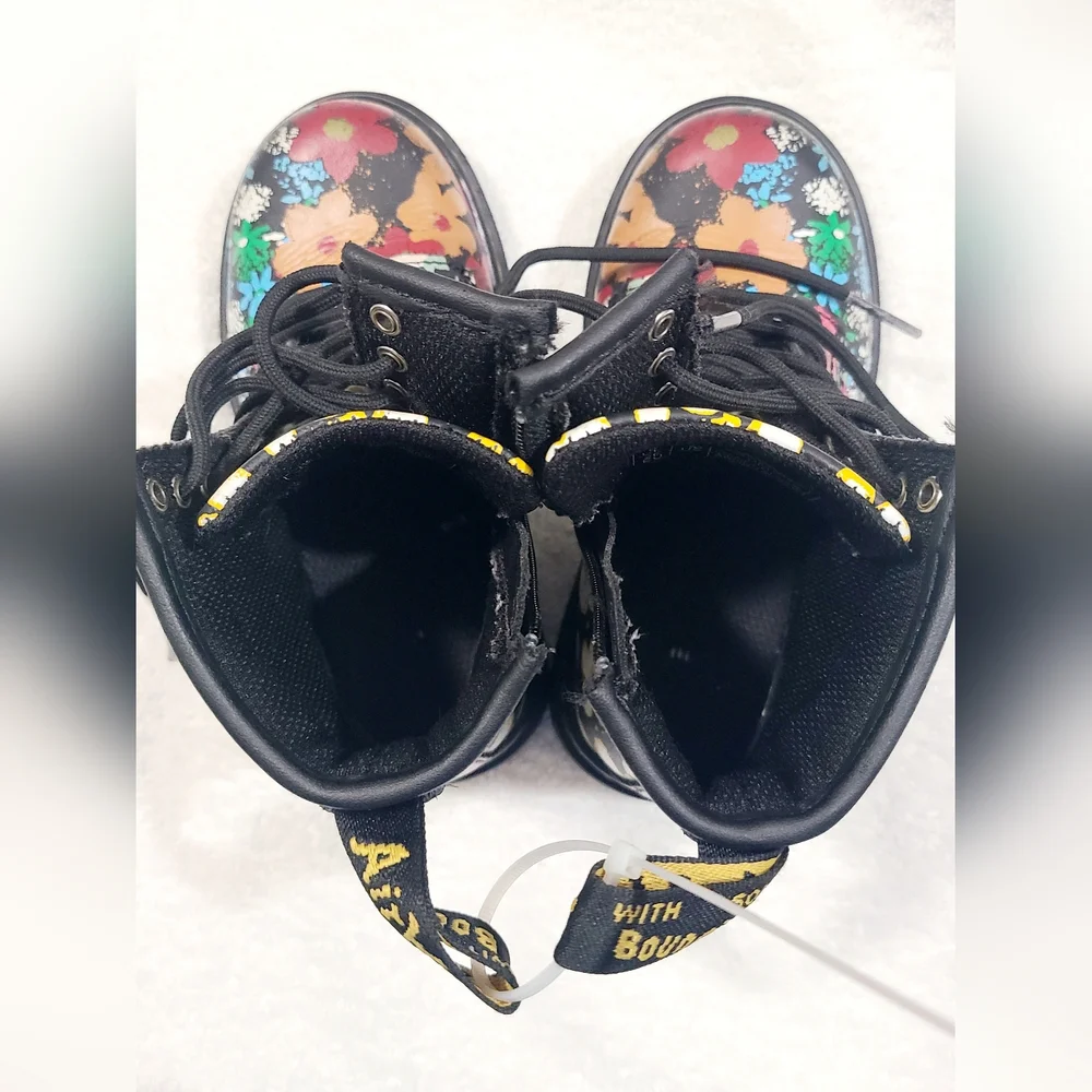 Dr. Martens Kids Floral Combat Boots in Black with Multicolor Flowers